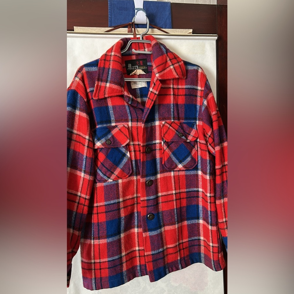Vintage late 80s Mars wool plaid flannel button up shirt jacket, Large